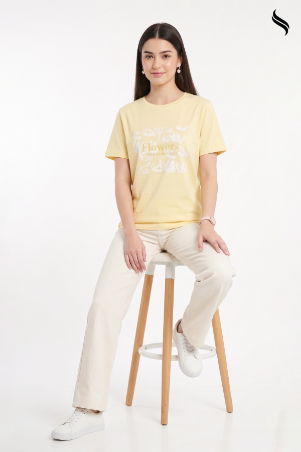 SEESHELL Women's Knit Graphic T-Shirt – Pastel Yellow (Pastel Yellow Color) 06