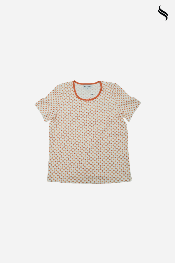 SEESHELL Women's Printed Knit T-Shirt – White & Orange (White & Orange Print Color) 04