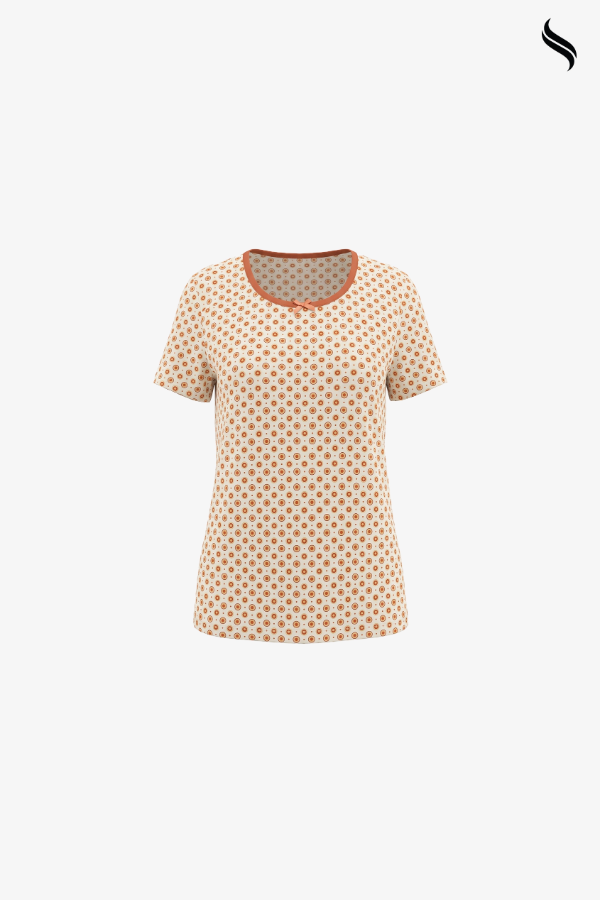 SEESHELL Women's Printed Knit T-Shirt – White & Orange (White & Orange Print Color) 07