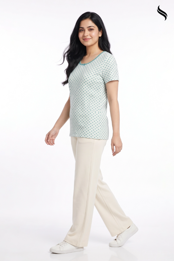 SEESHELL Women's Printed Knit T-Shirt – White & Sea Green (White & Sea Green Print Color) 01
