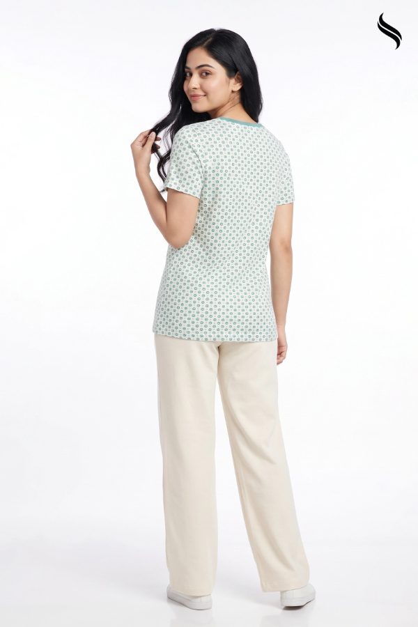 SEESHELL Women's Printed Knit T-Shirt – White & Sea Green (White & Sea Green Print Color) 02