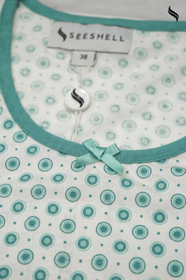 SEESHELL Women's Printed Knit T-Shirt – White & Sea Green (White & Sea Green Print Color) 03