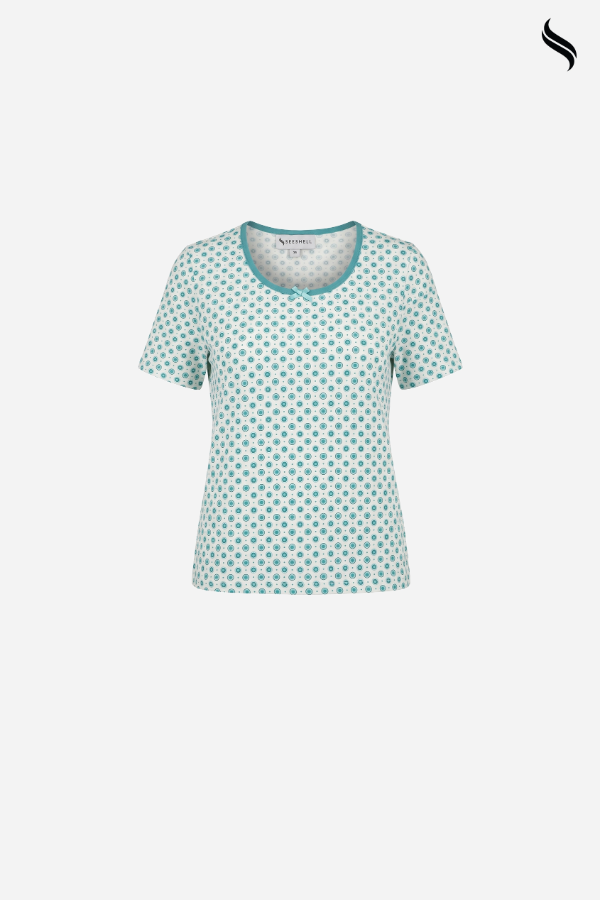 SEESHELL Women's Printed Knit T-Shirt – White & Sea Green (White & Sea Green Print Color) 06