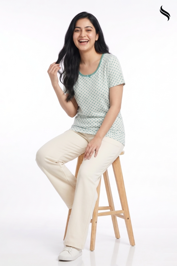 SEESHELL Women's Printed Knit T-Shirt – White & Sea Green (White & Sea Green Print Color) 09