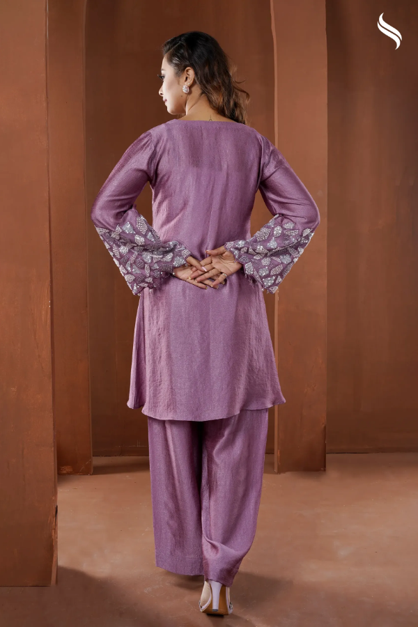 Shirt style two piece set with embroidered geometric applique (Deep Lilac Color) 01