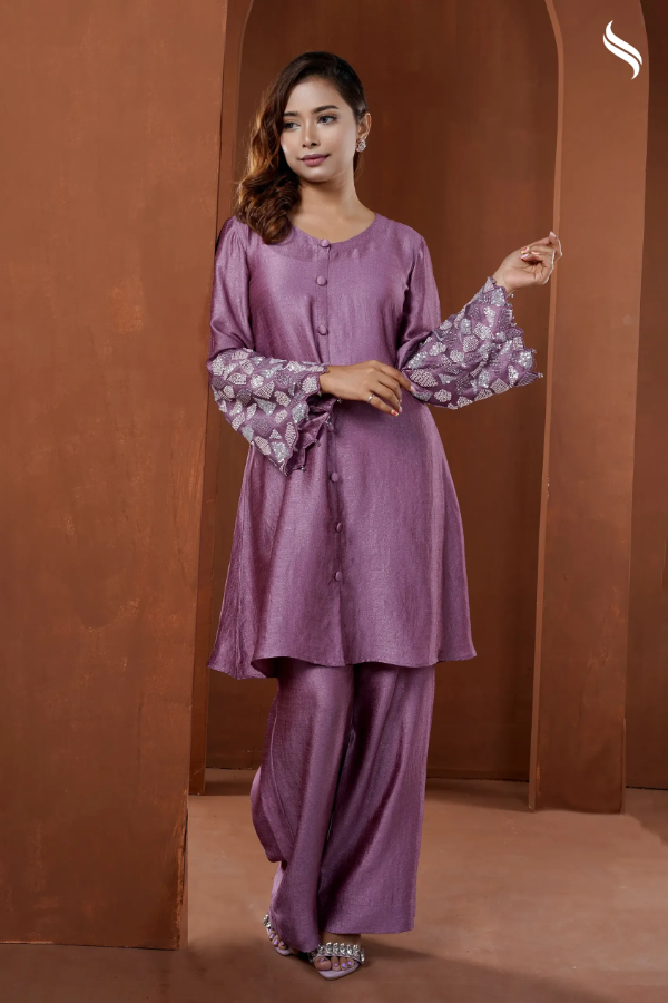 Shirt style two piece set with embroidered geometric applique (Deep Lilac Color) 03