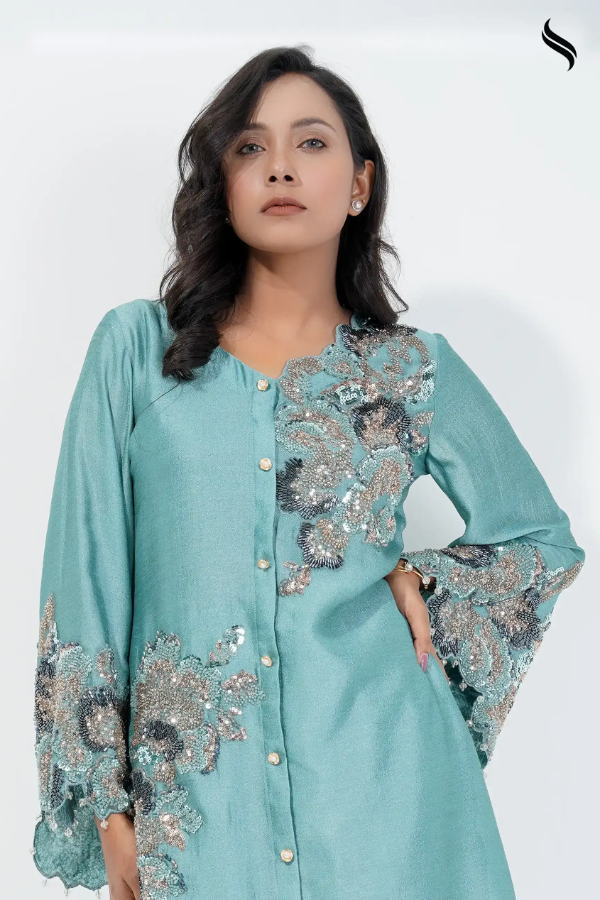 Silk Co-ord Set With Beaded Floral Applique (Teal blue Color) 03