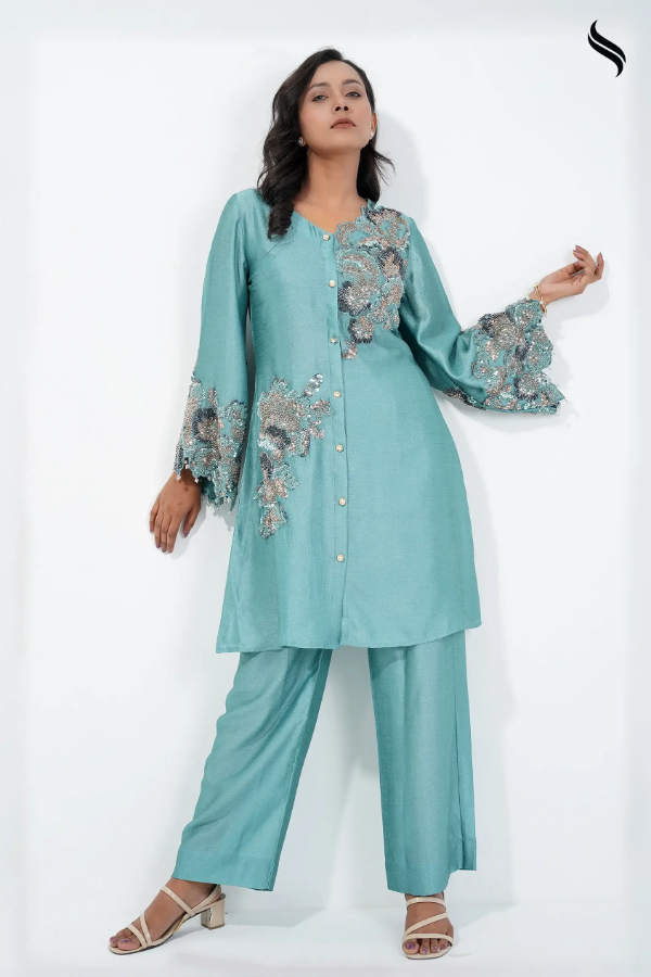 Silk Co-ord Set With Beaded Floral Applique (Teal blue Color) 04