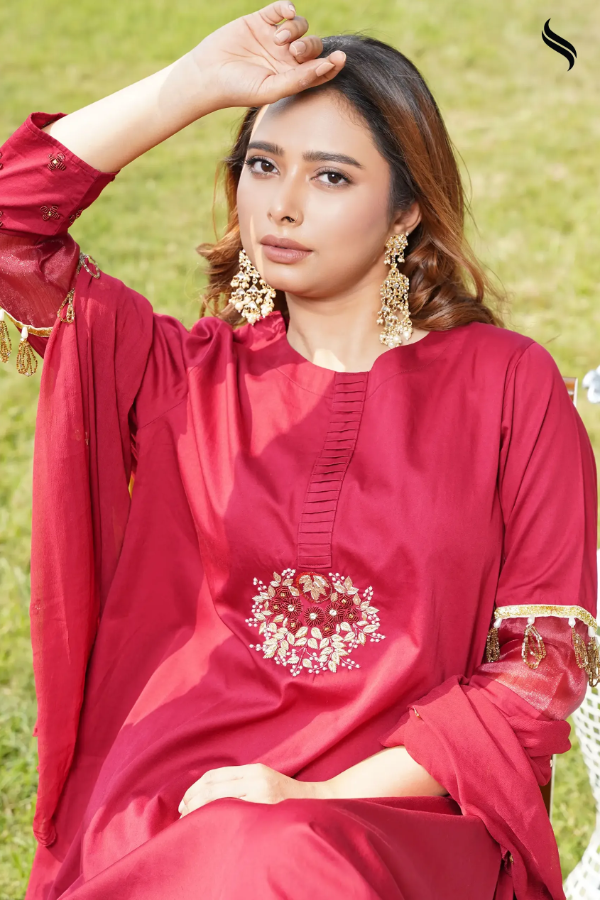 SEESHELL Women's Zardousi Work Three Piece Premium Cotton Red