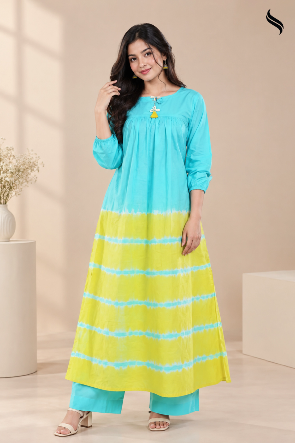 SEESHELL Women's Maxi Dress Cotton Tie Dye Sky Blue Yellow