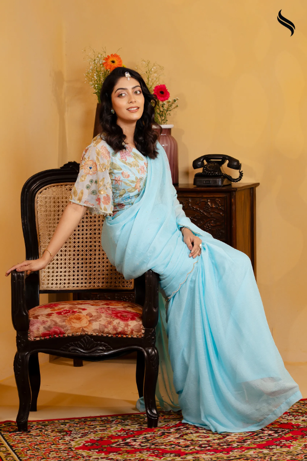 Sky Blue Zari Georgette Ready-to-wear Saree with Beaded Blouse (Light Blue Color) 02