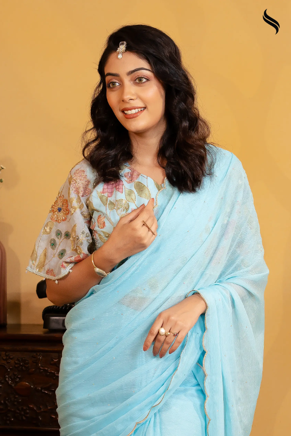 Sky Blue Zari Georgette Ready-to-wear Saree with Beaded Blouse (Light Blue Color) 03