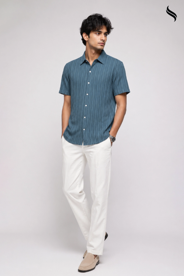 SEESHELL Men's Short Sleeve Shirt Blended Crinkle Slate Blue