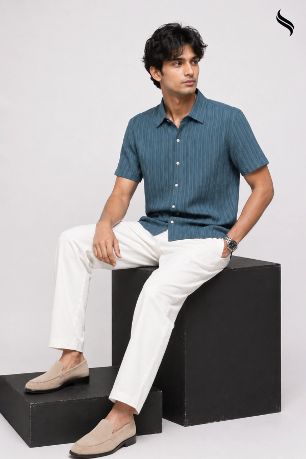 SEESHELL Men's Short Sleeve Shirt Blended Crinkle Slate Blue (Slate blue Color) 02