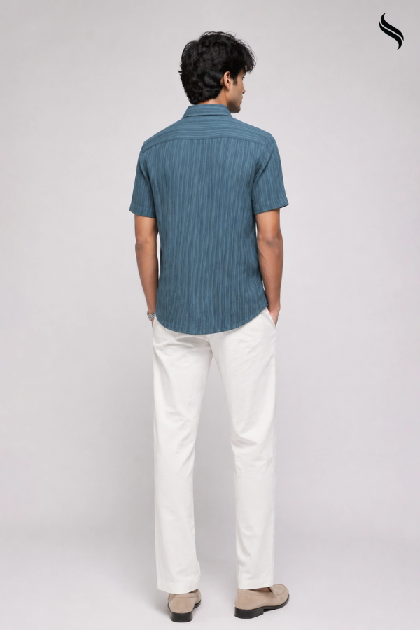 SEESHELL Men's Short Sleeve Shirt Blended Crinkle Slate Blue (Slate blue Color) 03