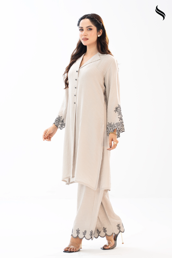 Striped Beige Co-ord Set with Embroidery (Beige Color) 01