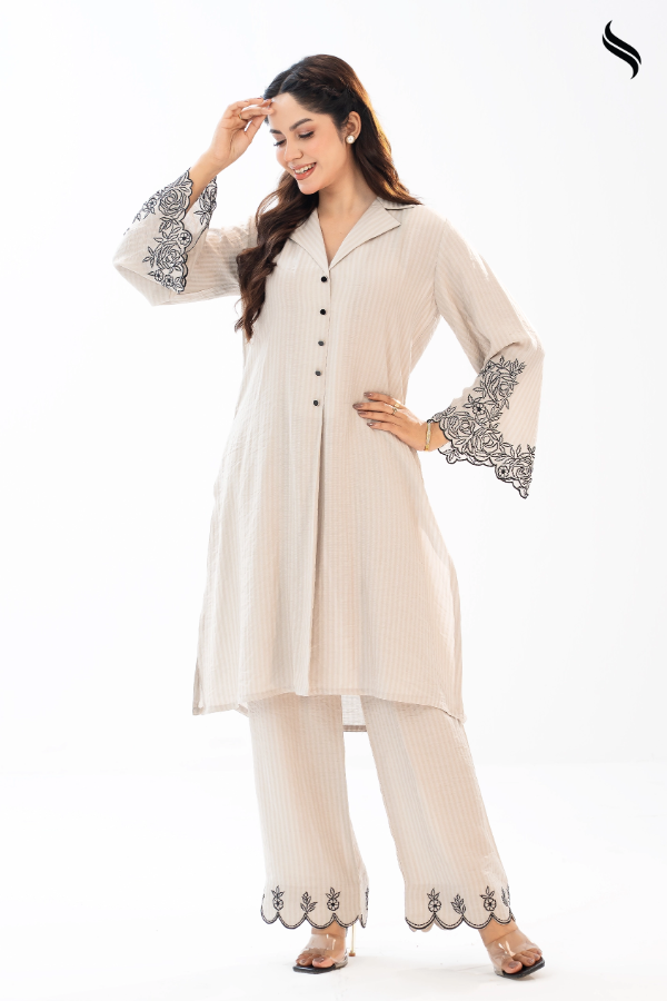 Striped Beige Co-ord Set with Embroidery (Beige Color) 02