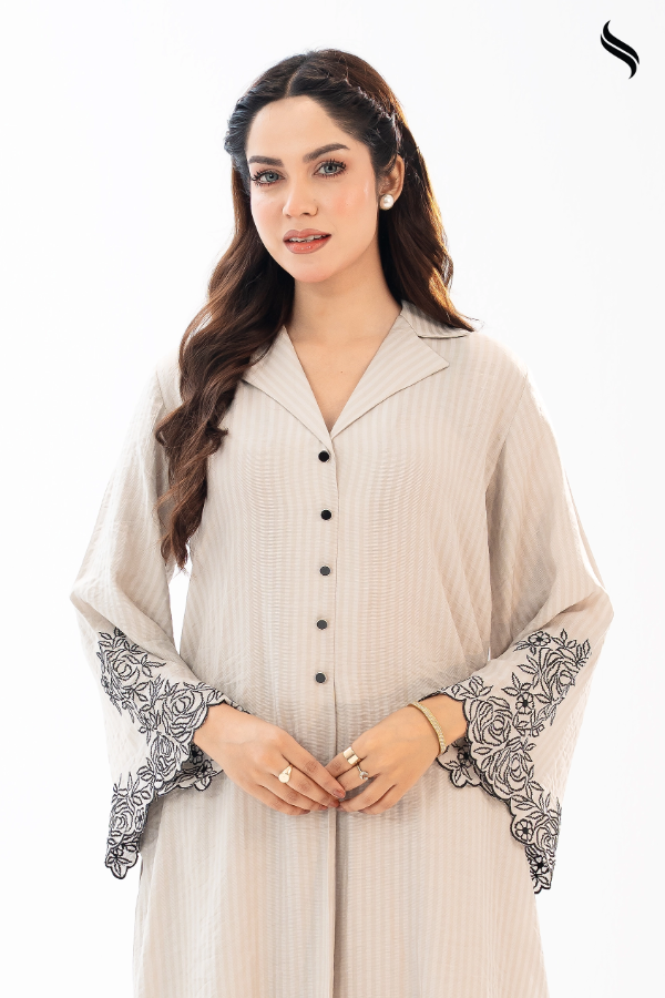 Striped Beige Co-ord Set with Embroidery (Beige Color) 03