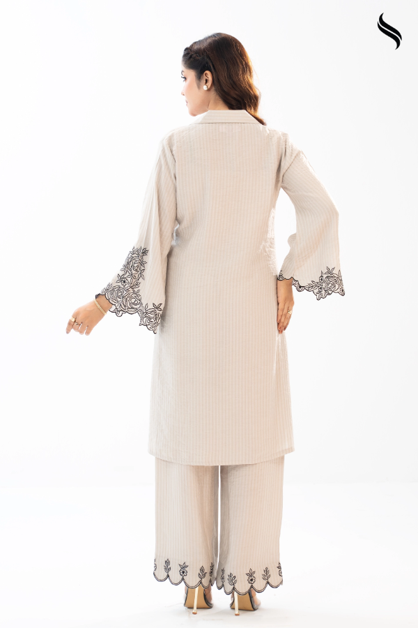 Striped Beige Co-ord Set with Embroidery (Beige Color) 04