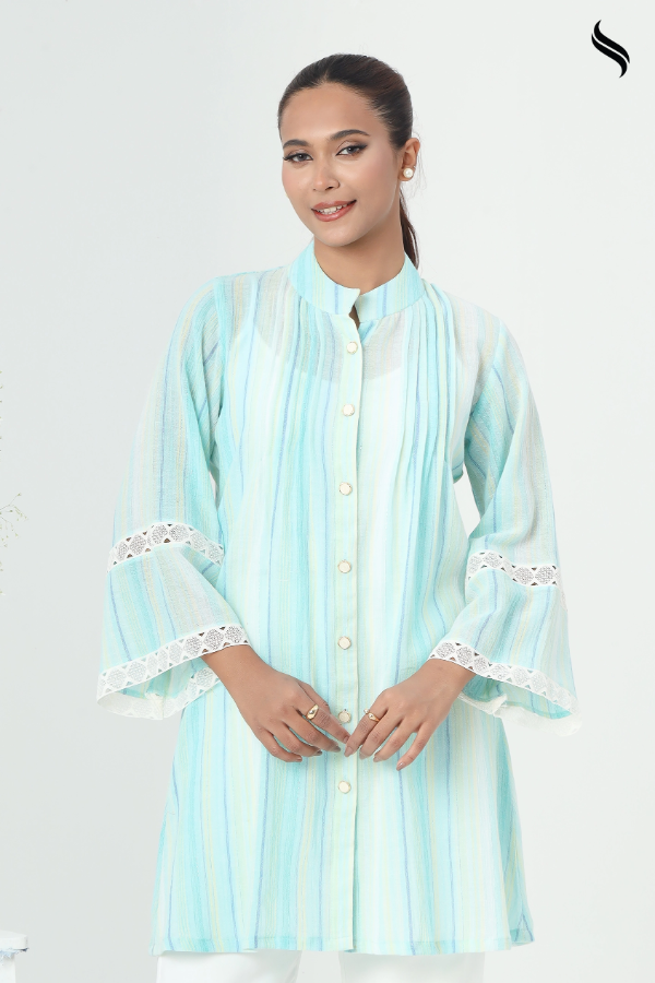 SEESHELL Women's Top Cotton Lace Stripe Turquoise Blue (Pale Turquoise Color) 02