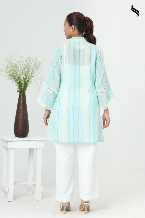 SEESHELL Women's Top Cotton Lace Stripe Turquoise Blue (Pale Turquoise Color) 03