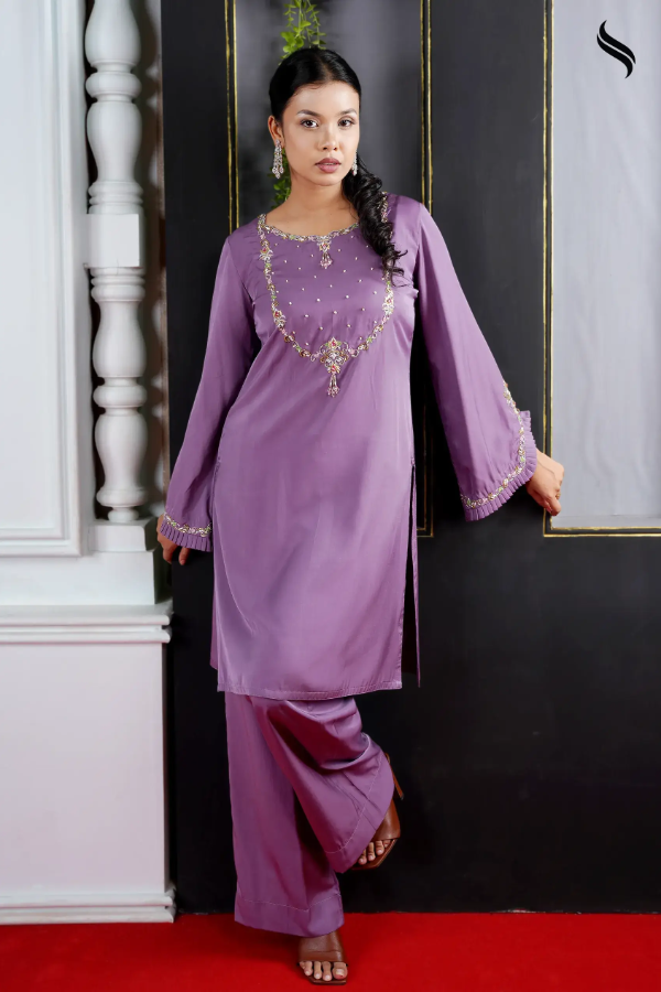Swiss velvet two piece set with zardosi work
