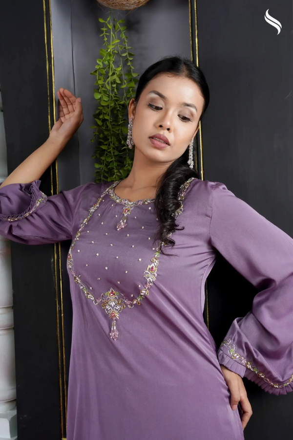 Swiss velvet two piece set with zardosi work (Purple Color) 02