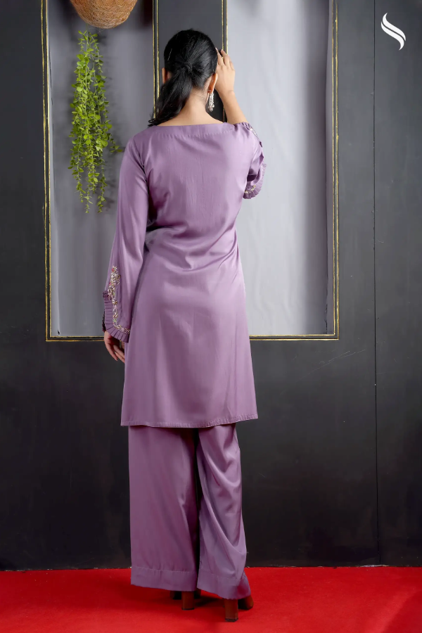 Swiss velvet two piece set with zardosi work (Purple Color) 03