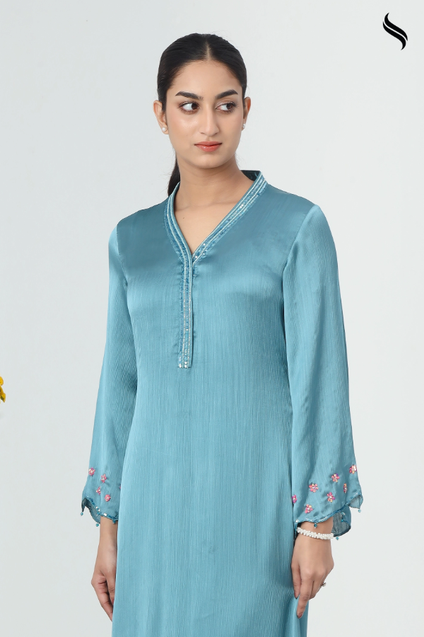 SEESHELL Women's Two Piece Silk Beadwork Teal Blue (Teal blue Color) 02