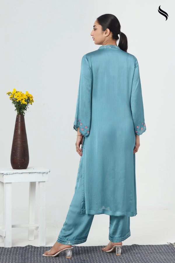 SEESHELL Women's Two Piece Silk Beadwork Teal Blue (Teal blue Color) 03