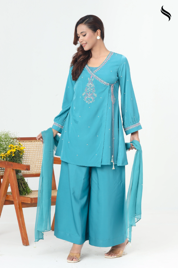 SEESHELL Women's Three Piece Velvet Silk Karchupi Teal Blue