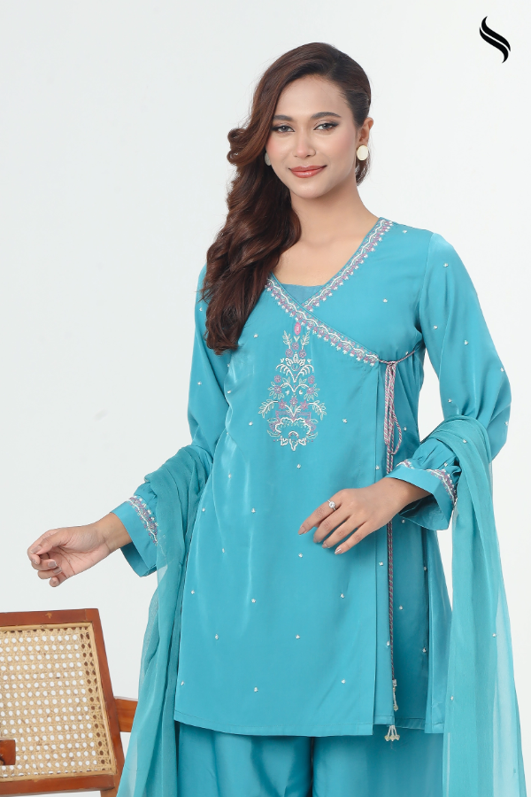 SEESHELL Women's Three Piece Velvet Silk Karchupi Teal Blue (Teal blue Color) 02