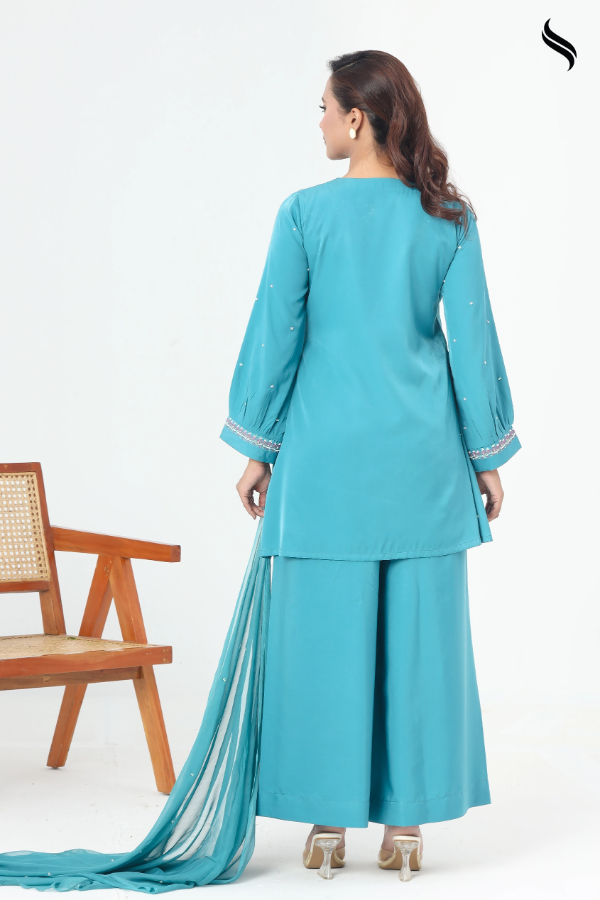 SEESHELL Women's Three Piece Velvet Silk Karchupi Teal Blue (Teal blue Color) 03