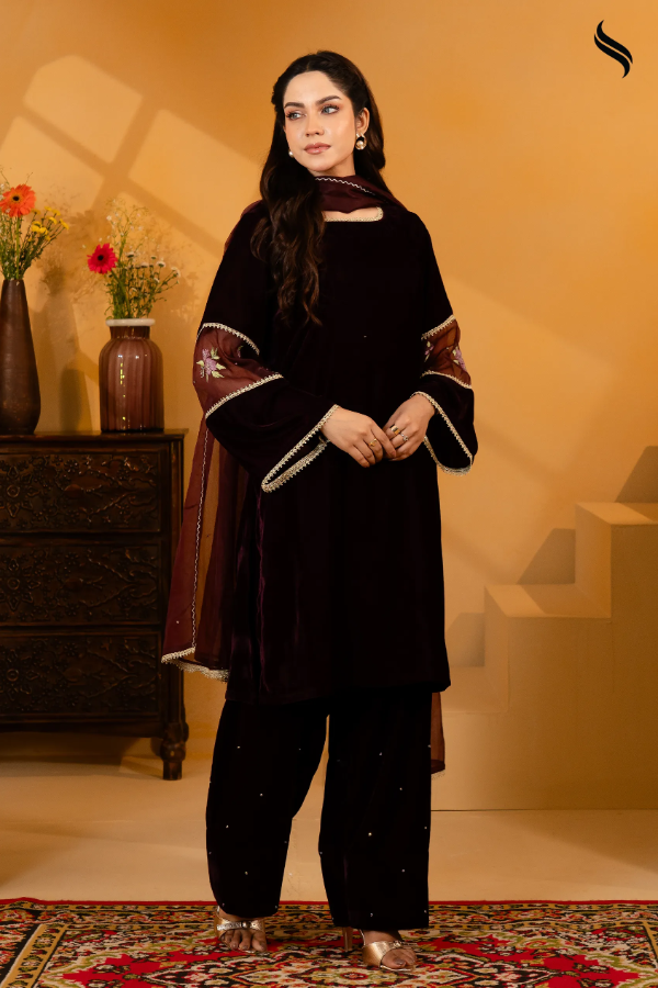 Teal Embroidery & Karchupi Velvet Exclusive Three Piece