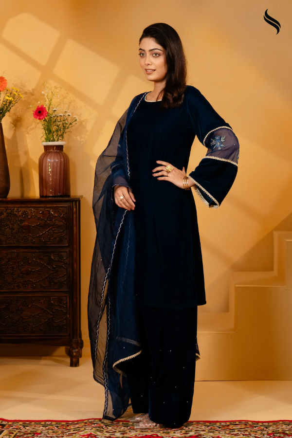 Teal Embroidery & Karchupi Velvet Exclusive Three Piece (Teal Color) 01