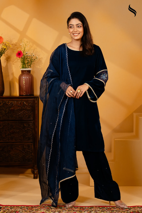 Teal Embroidery & Karchupi Velvet Exclusive Three Piece (Teal Color) 02