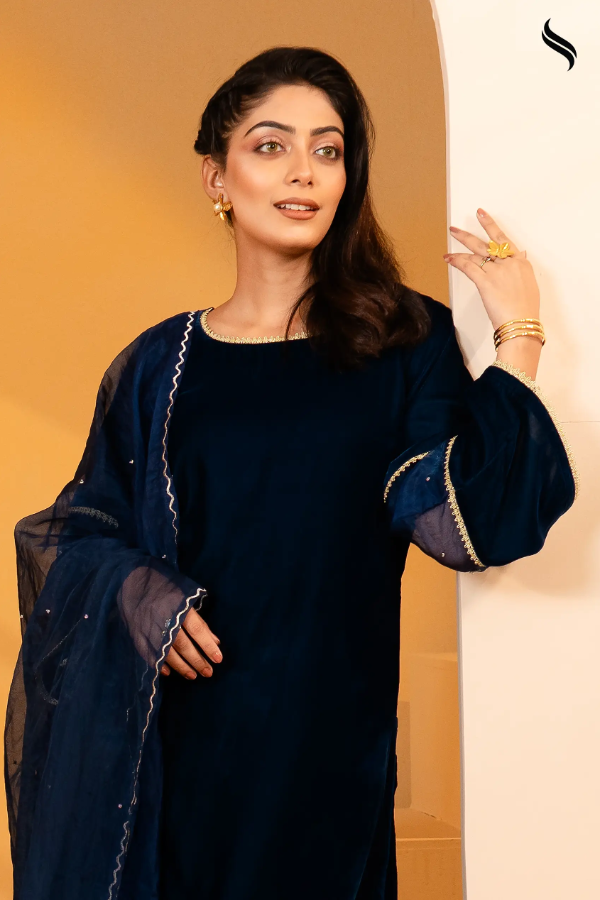 Teal Embroidery & Karchupi Velvet Exclusive Three Piece (Teal Color) 03