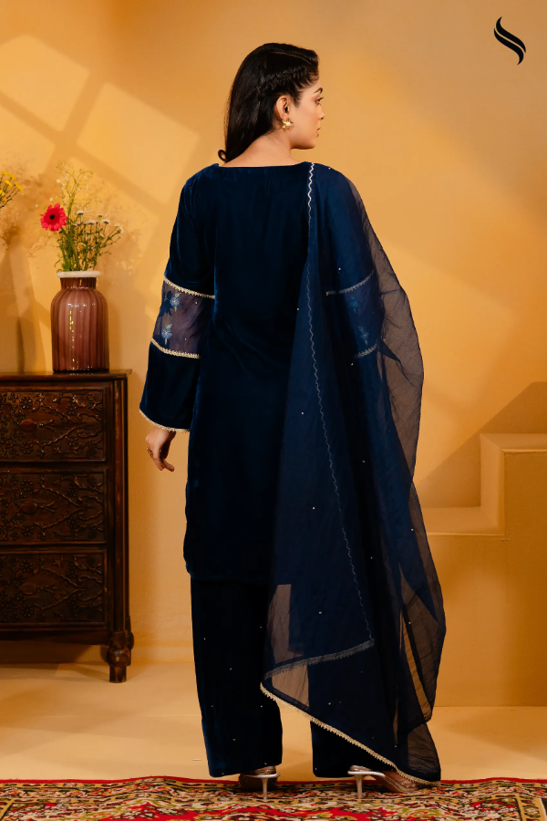 Teal Embroidery & Karchupi Velvet Exclusive Three Piece (Teal Color) 04