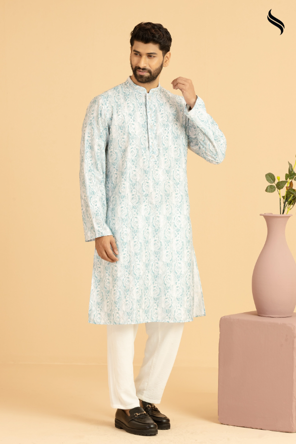 SEESHELL Men's Panjabi Printed Blended Silk Zardosi Teal