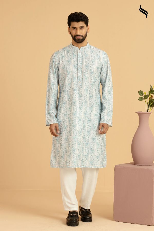 SEESHELL Men's Panjabi Printed Blended Silk Zardosi Teal (Teal Color) 02
