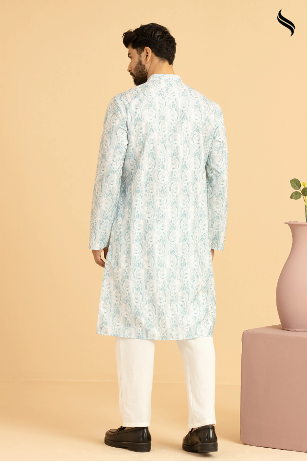 SEESHELL Men's Panjabi Printed Blended Silk Zardosi Teal (Teal Color) 03