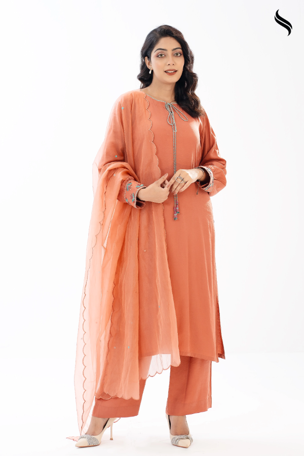 SEESHELL Women's Three Piece Blended Silk Karchupi Terracotta