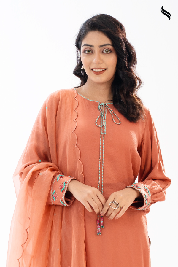 SEESHELL Women's Three Piece Blended Silk Karchupi Terracotta (Terracotta Color) 02