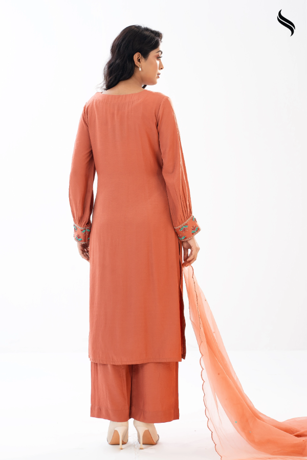 SEESHELL Women's Three Piece Blended Silk Karchupi Terracotta (Terracotta Color) 03