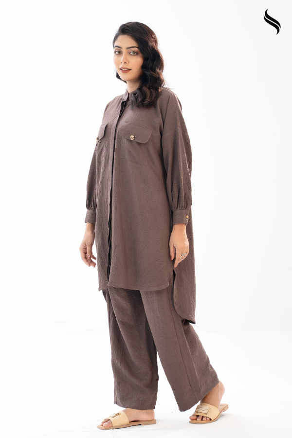 SEESHELL Women's Co Ord Blended Silk Chest Pockets Wenge Brown
