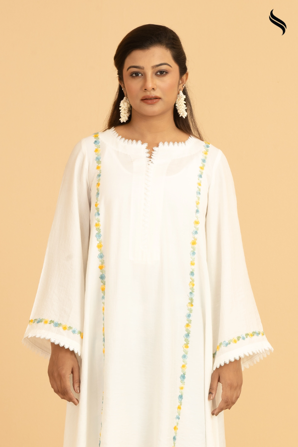 SEESHELL Women's Two Piece Linen Contrast Lace White Blue (White and blue Color) 02