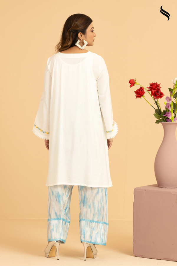 SEESHELL Women's Two Piece Linen Contrast Lace White Blue (White and blue Color) 03