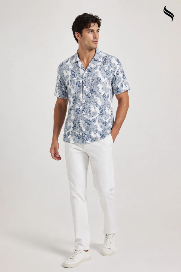 SEESHELL Men's Shirt Viscose Cotton Dual Tone White Blue