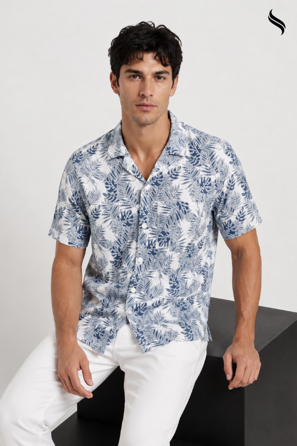 SEESHELL Men's Shirt Viscose Cotton Dual Tone White Blue (White- Blue Color) 02