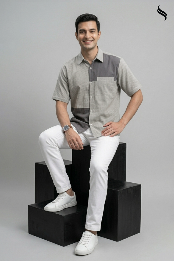 SEESHELL Men's Shirt Short Sleeve Cotton Blue Grey (Blue & Grey Color) 02